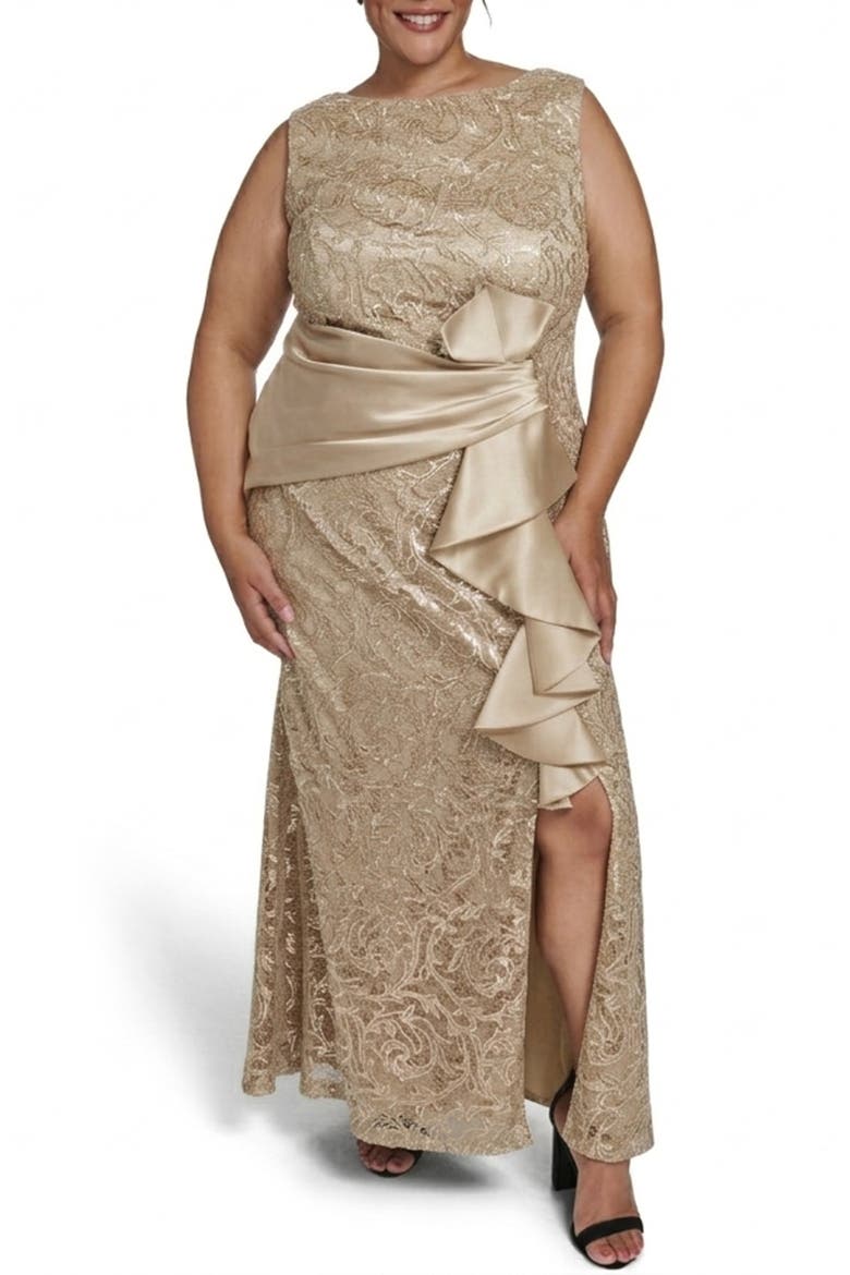 Sleeveless Sequin Ruffle Gown, Main, color, CHAMPAGNE