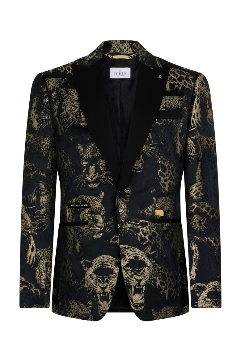 Regular Fit Blazer Jacquard Leopards Men, Main, color, black/lightgold