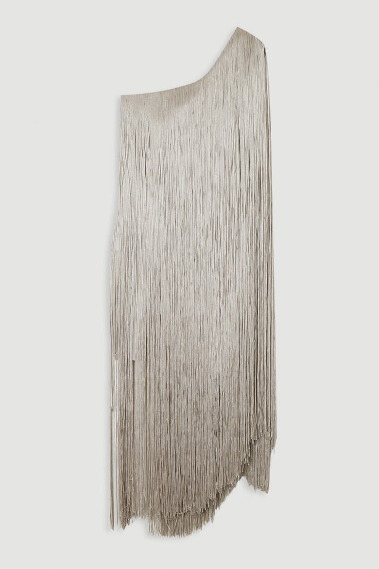 Asymmetric Draped Fringe Mini Dress, Alternate, color, Silver