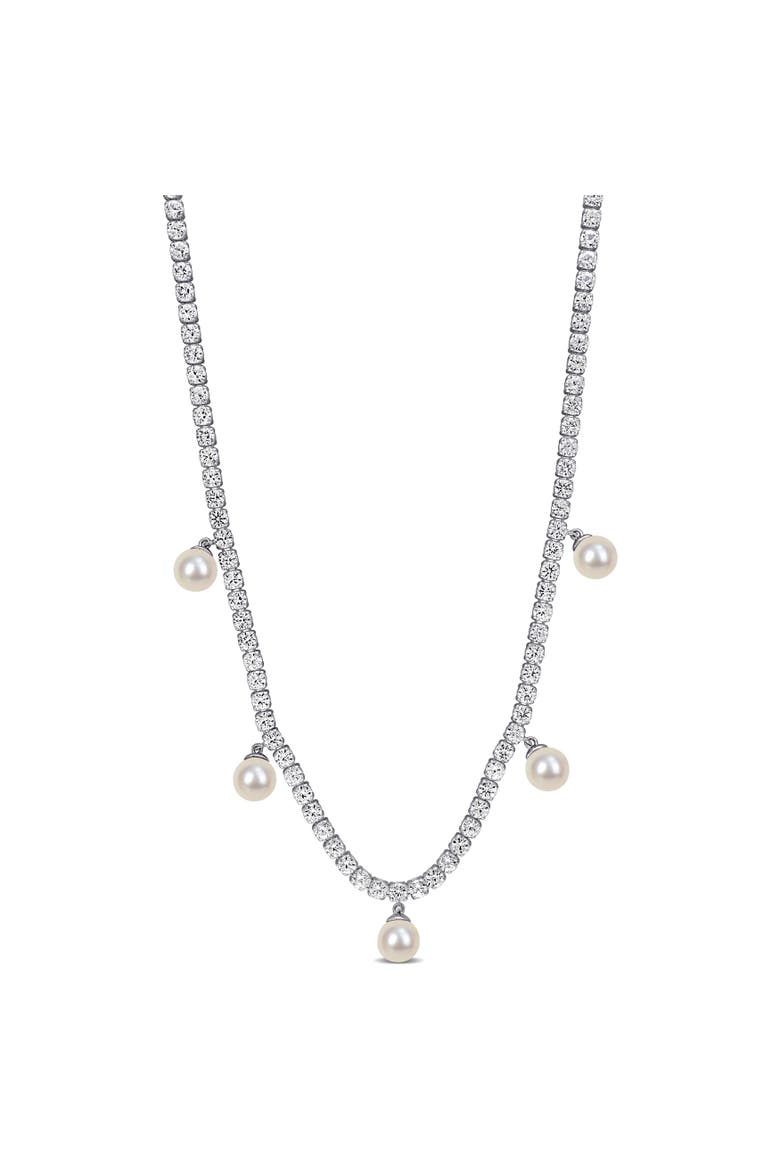 Pearl & Created White Sapphire Charm Necklace, Main, color, Sterling Silver
