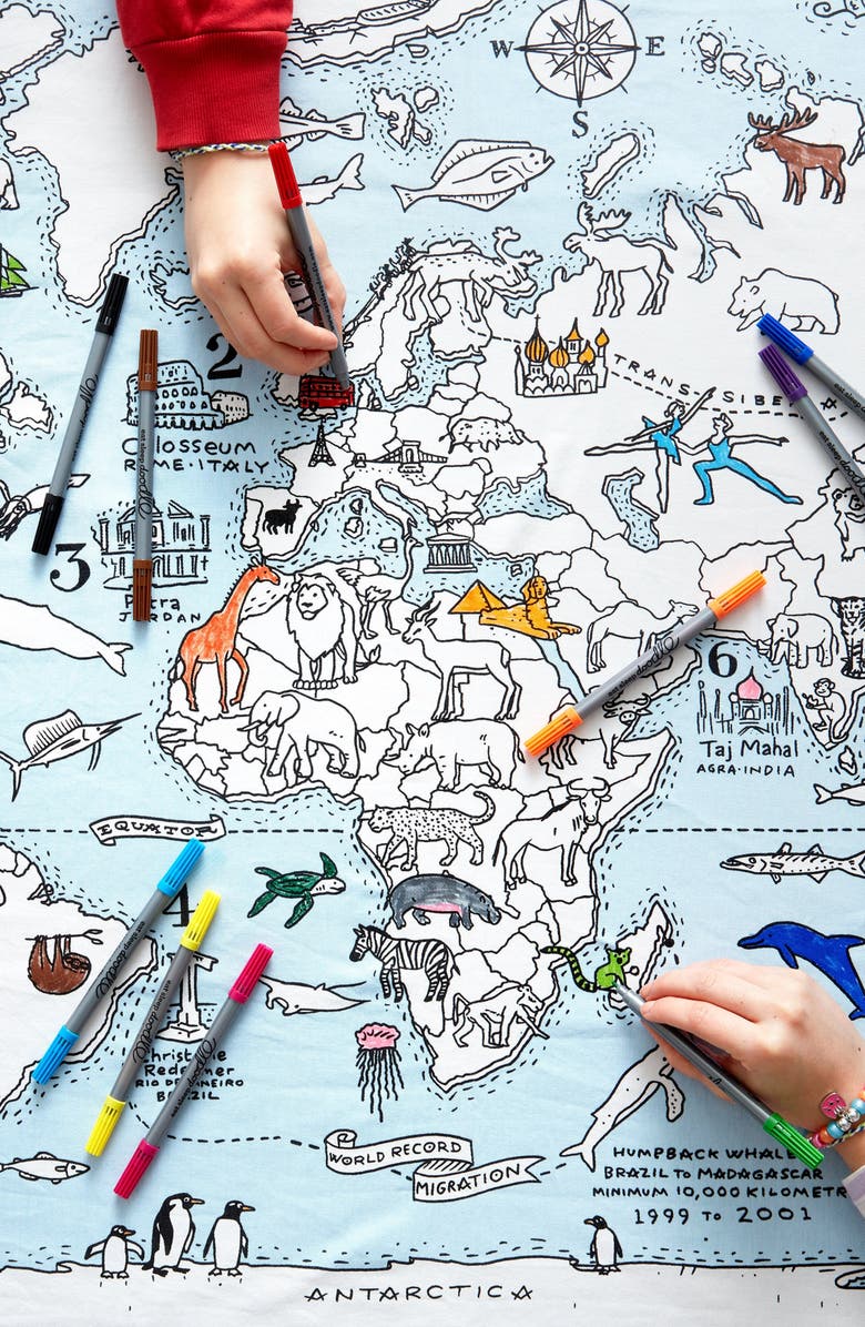 Eat Sleep Doodle World Map Tablecloth, Alternate, color, Light Blue