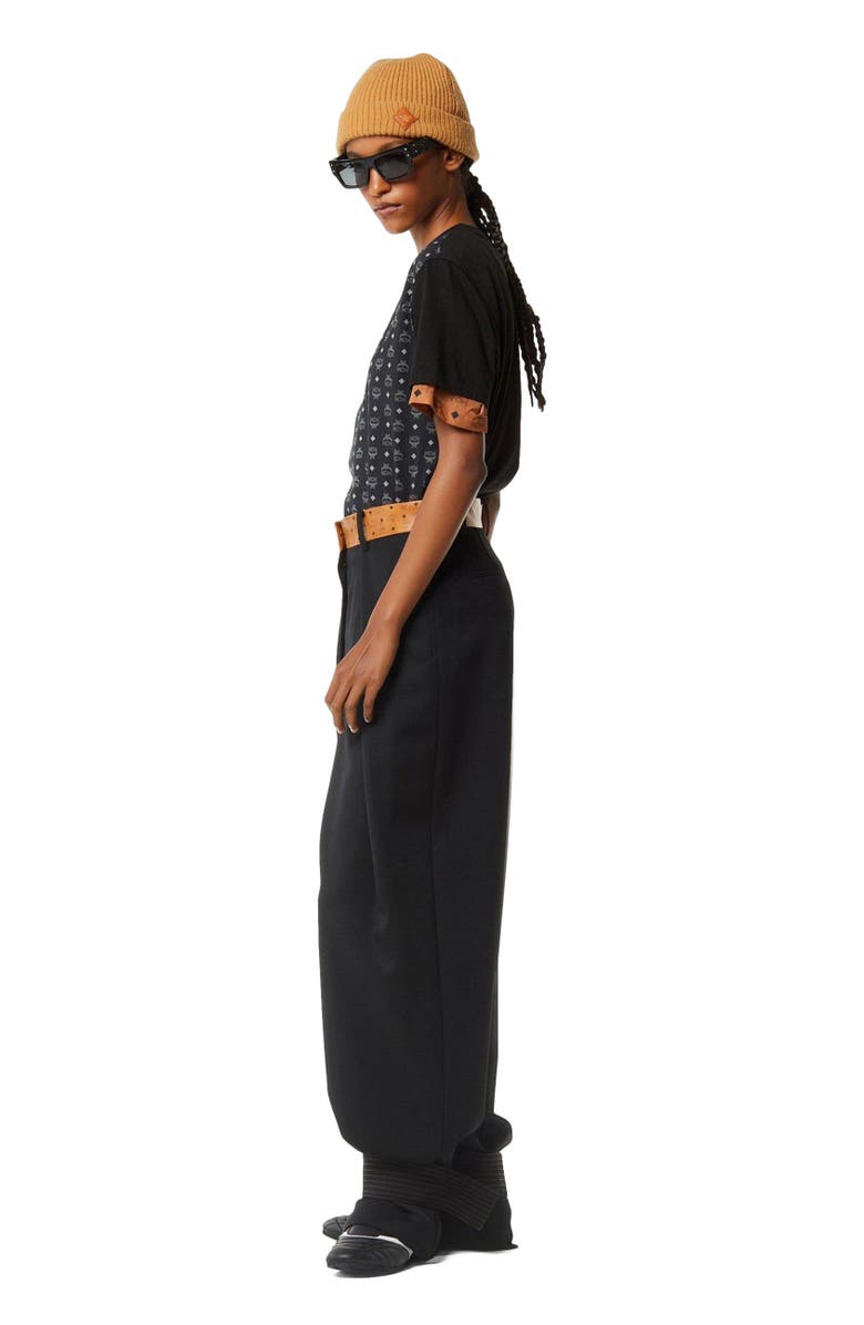 MCM Pants in Wool Twill and Monogram Print Leather, Alternate, color, Black