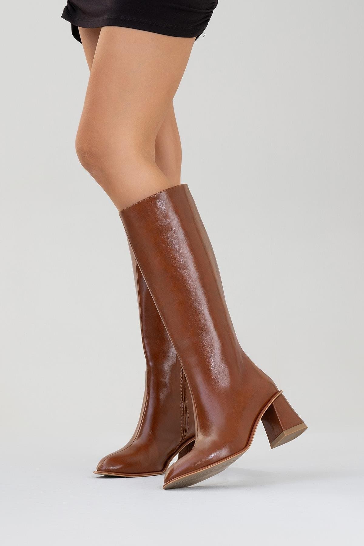 Paradis Block Heel Knee High Boot, Alternate, color, Cognac Faux Leather