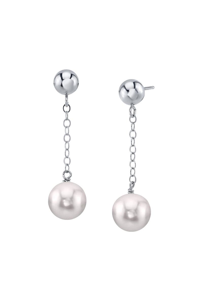 14K Gold Akoya Round Ball Double Chain Earrings, Main, color, White Gold