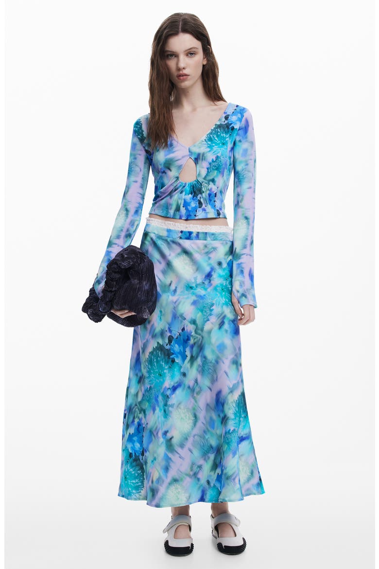 Floral Print Midi Skirt, Alternate, color, BLUE