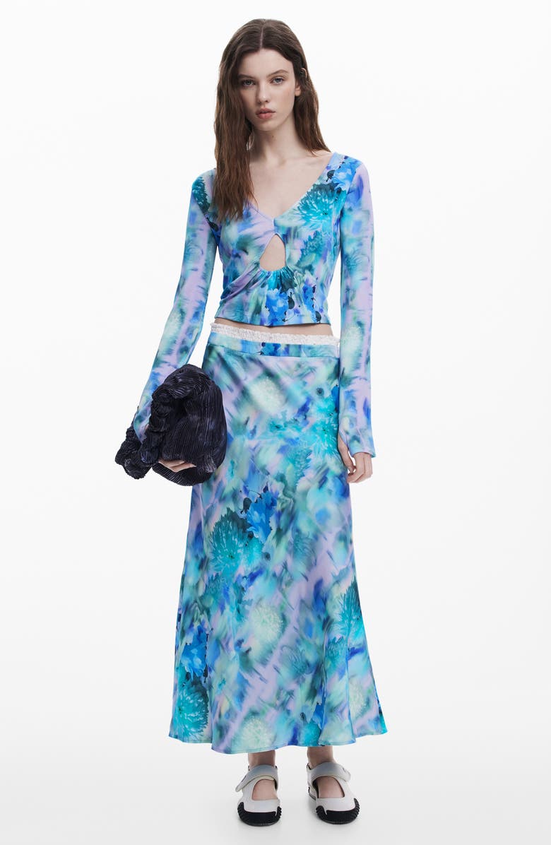 Desigual Floral Print Midi Skirt, Alternate, color, Blue