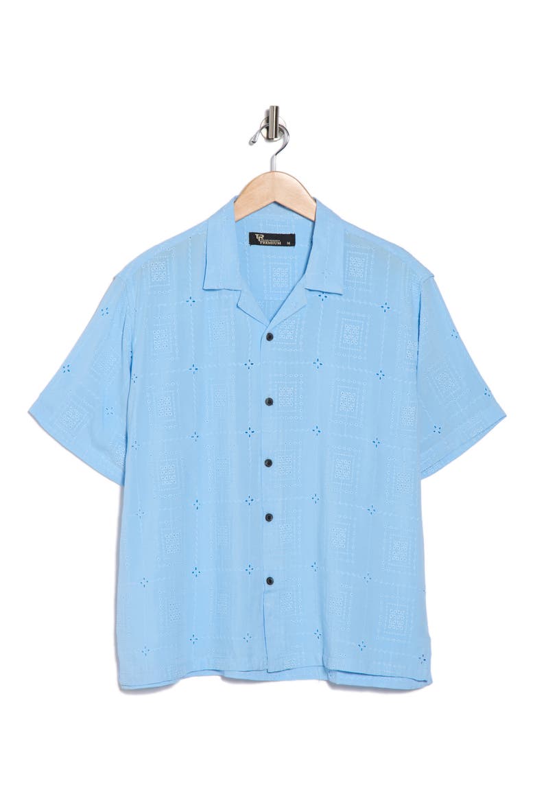 Boxy Fit Floral Eyelet Embroidered Camp Shirt, Alternate, color, BREEZE BLUE