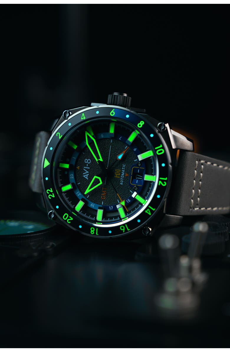 AVI-8 Hawker Hunter Atlas GMT Movement Leather Strap Watch, 44mm, Alternate, color, Grey