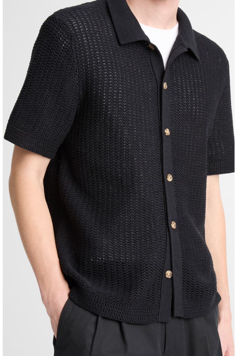Crochet Cotton Short Sleeve Button-Up Shirt, Alternate, color, BLACK