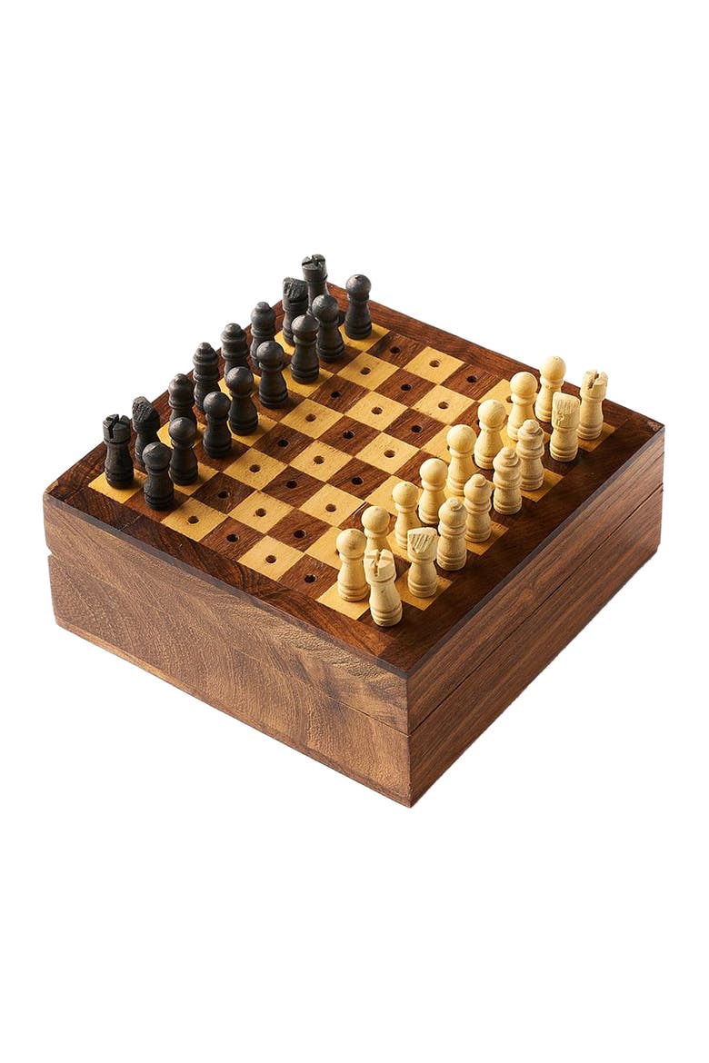 Travel Chess Game - Handcrafted Wood Pegs, Main, color, Brown