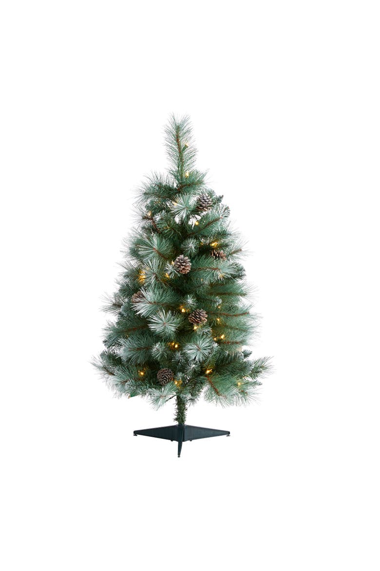 3-ft Frosted Tip British Columbia Mountain Pine Artificial Christmas Tree with 50 Clear Lights, Pine Cones and 112 Bendable Branches, Main, color, Green