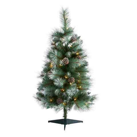 3-ft Frosted Tip British Columbia Mountain Pine Artificial Christmas Tree with 50 Clear Lights, Pine Cones and 112 Bendable Branches