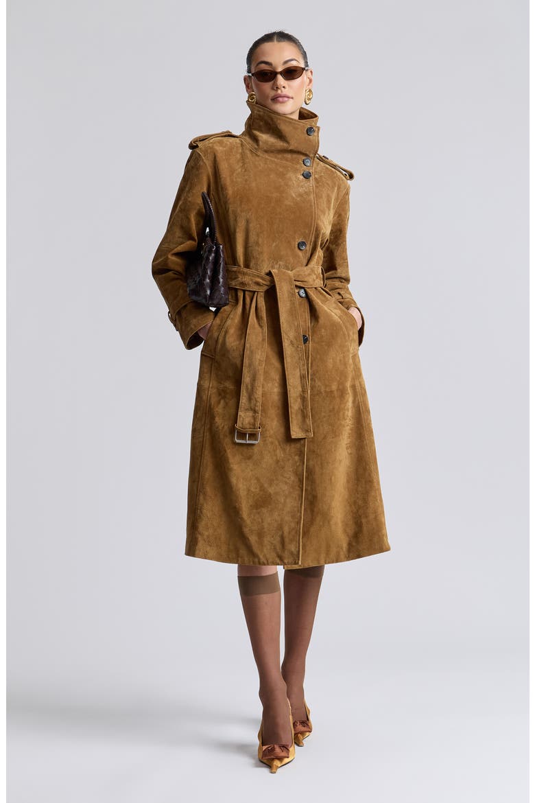 Funnel Neck Slouchy Leather Trench Coat, Alternate, color, WHISKEY