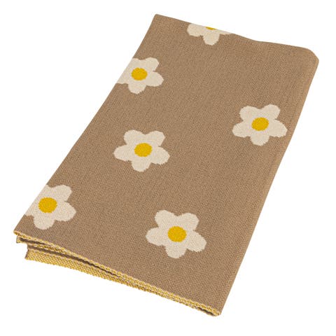 Cotton Knit Baby Blanket with Printed Flowers, Brown and White