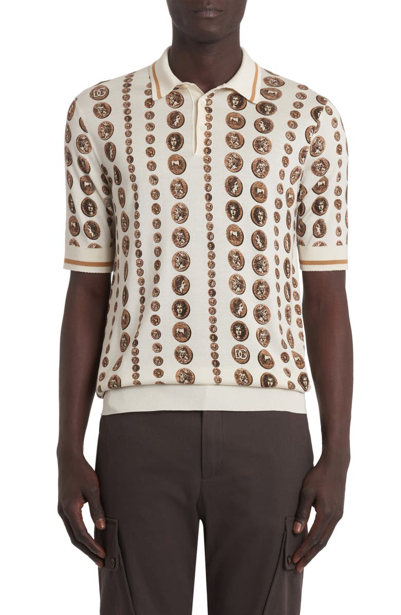Dolce&Gabbana Allover Ancient Coin Print Silk Polo, Main, color, 