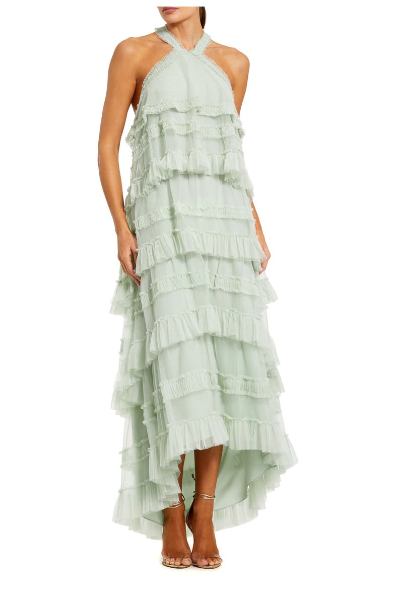 Mac Duggal Dot Mesh Ruffle Halter Neck Ankle Dress, Main, color, Seamist
