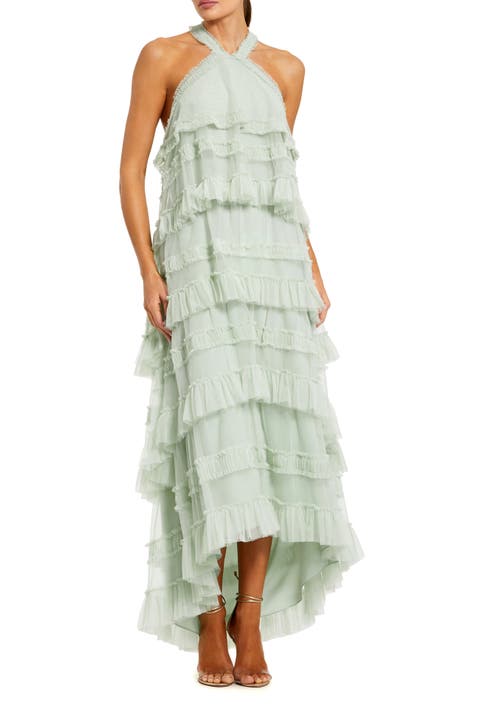 Dot Mesh Ruffle Halter Neck Ankle Dress