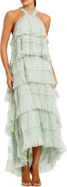 Mac Duggal Dot Mesh Ruffle Halter Neck Ankle Dress