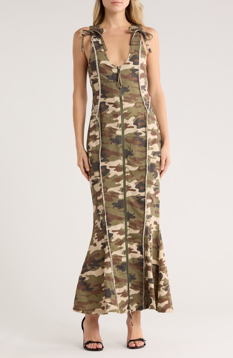 AFRM LOS ANGELES Maisie The Grommet Zip Stretch Cotton Maxi Dress, Main, color, Woodland Camo