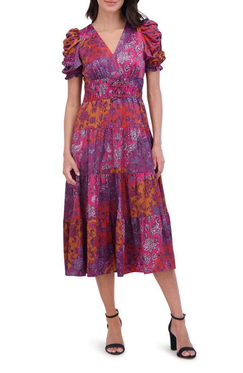Paisley Colorblock Tiered Midi Dress