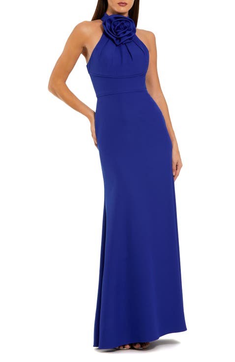 Sleeveless Halter Neck Gown with Rosette Detail