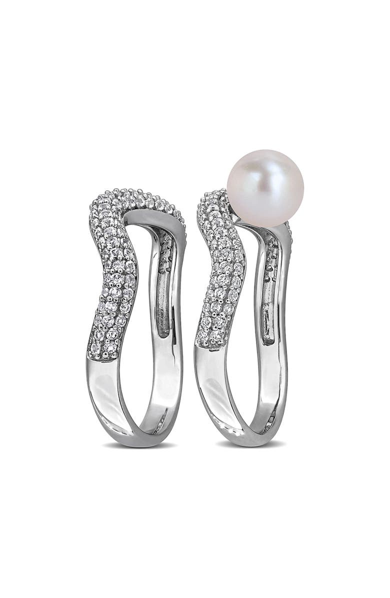 DELMAR Set of 2 Sterling Silver Pavé White Topaz & Cultured Pearl Wavy Band Rings, Alternate, color, 