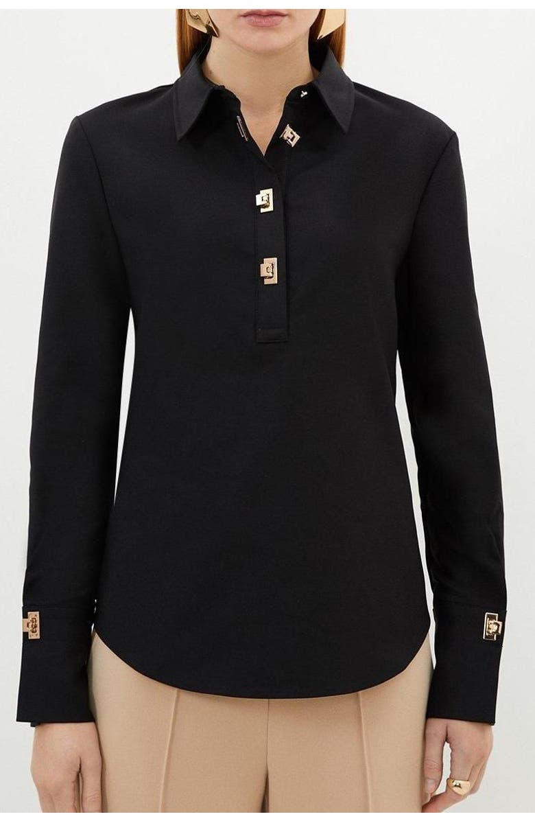 Karen Millen Techno Cotton Gold Clasp Shirt, Alternate, color, Black