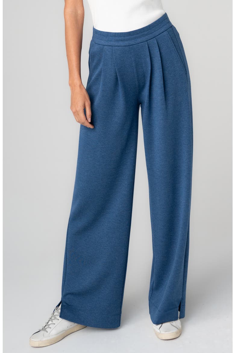 Pleat Front Pull On Wide Leg Pants, Main, color, HEATHERED NAVY
