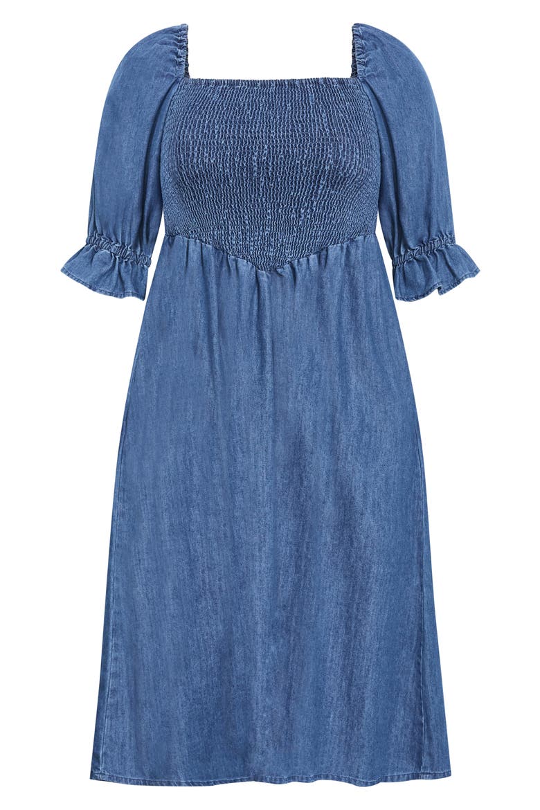 Kaitlyn Smocked Denim Dress, Alternate, color, MID WASH