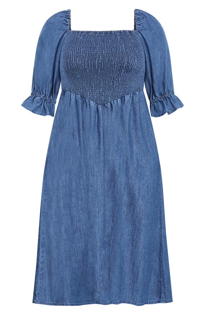 City Chic Kaitlyn Smocked Denim Dress, Alternate, color, Mid Wash