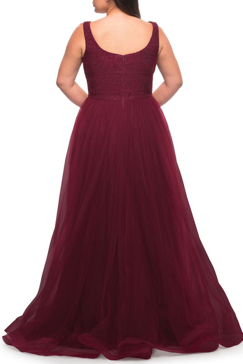 A-line Tulle and Lace Plus Size Gown with Slit, Alternate, color, Dark Berry