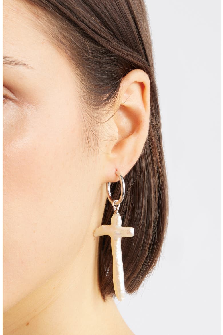 Esther Freshwater Pearl Cross Earrings, Alternate, color, SILVER