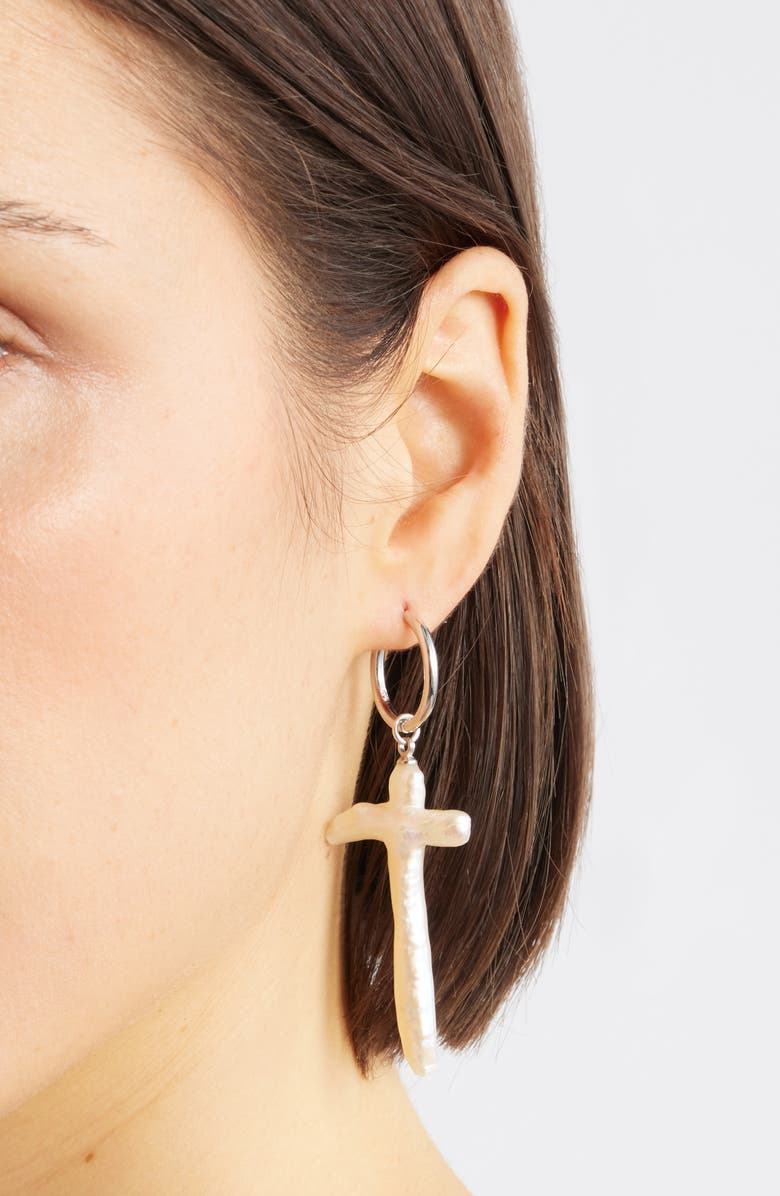 Child of Wild Esther Freshwater Pearl Cross Earrings, Alternate, color, Silver
