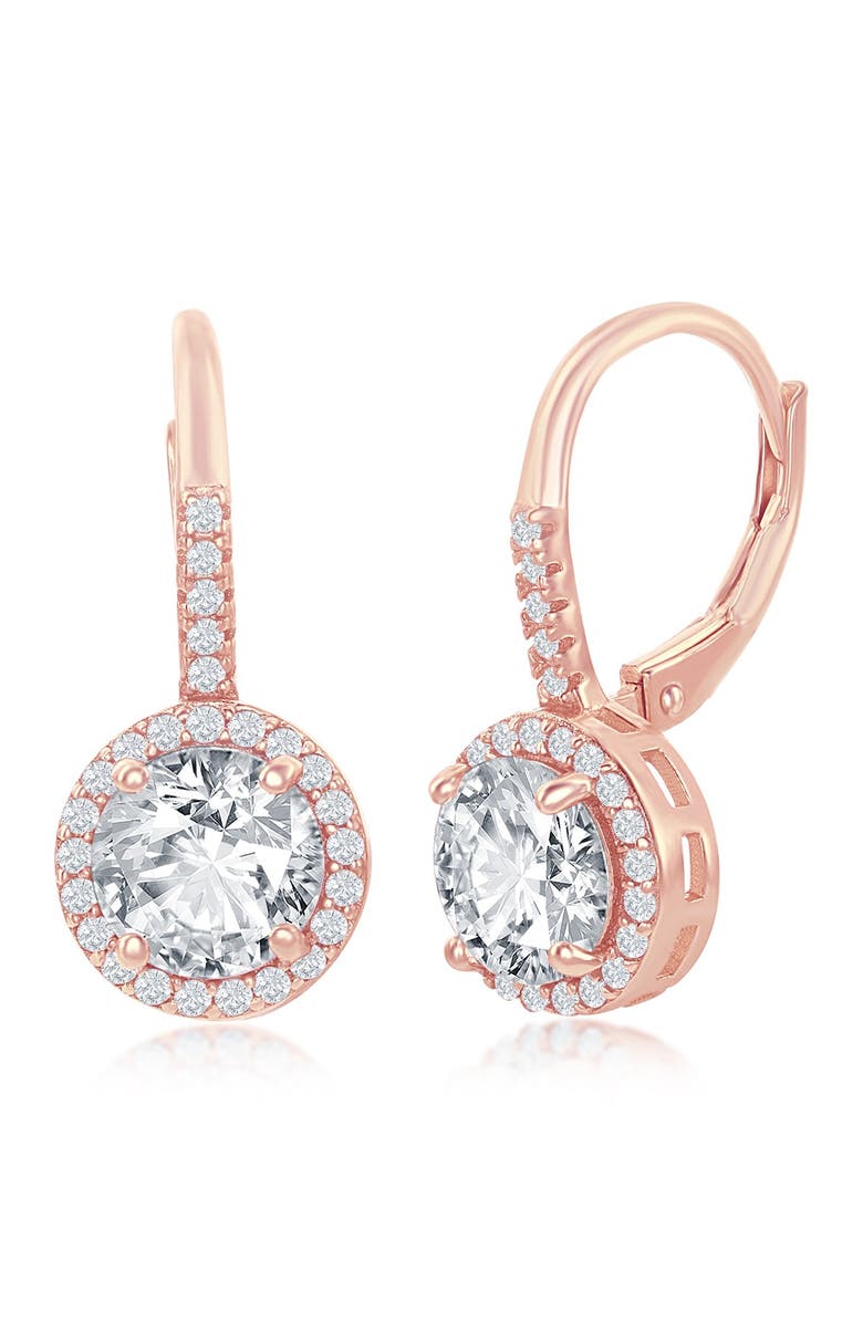 SIMONA 14K Rose Gold Plated Sterling Silver Round-Cut CZ Halo Drop Earrings, Main, color, Rose