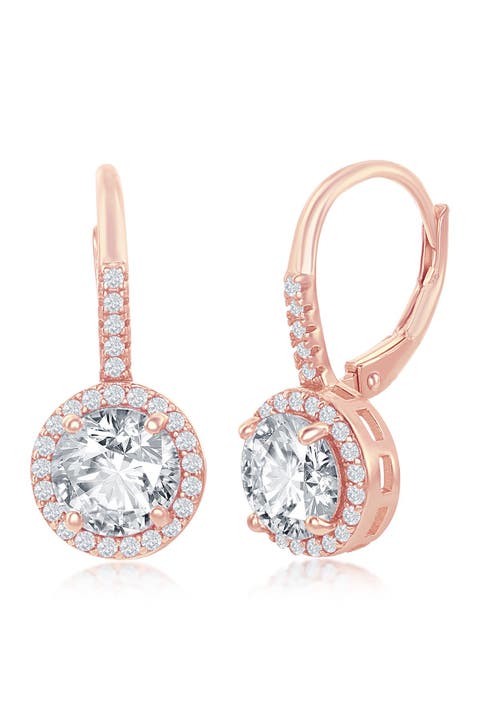 14K Rose Gold Plated Sterling Silver Round-Cut CZ Halo Drop Earrings