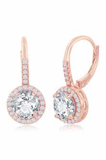 SIMONA 14K Rose Gold Plated Sterling Silver Round-Cut CZ Halo Drop Earrings