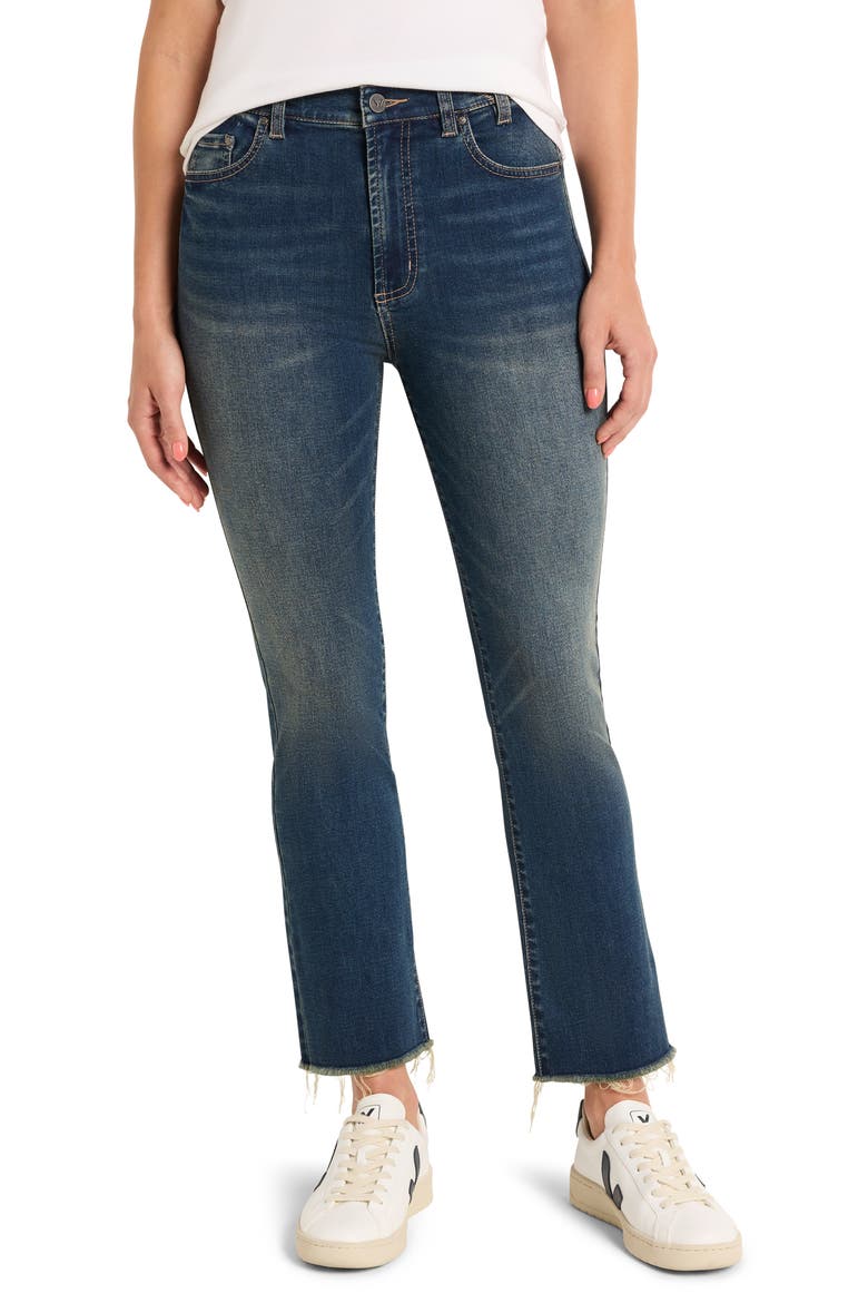High Waist Raw Hem Flare Leg Jeans, Main, color, AEGEAN