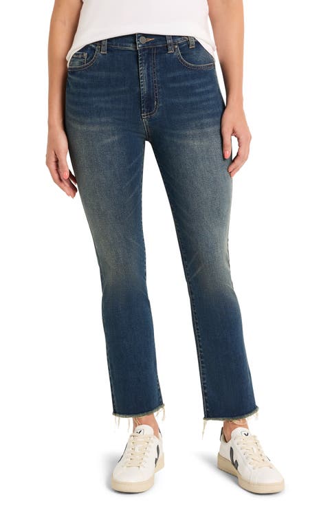 High Waist Raw Hem Flare Leg Jeans (Aegean) (Petite)