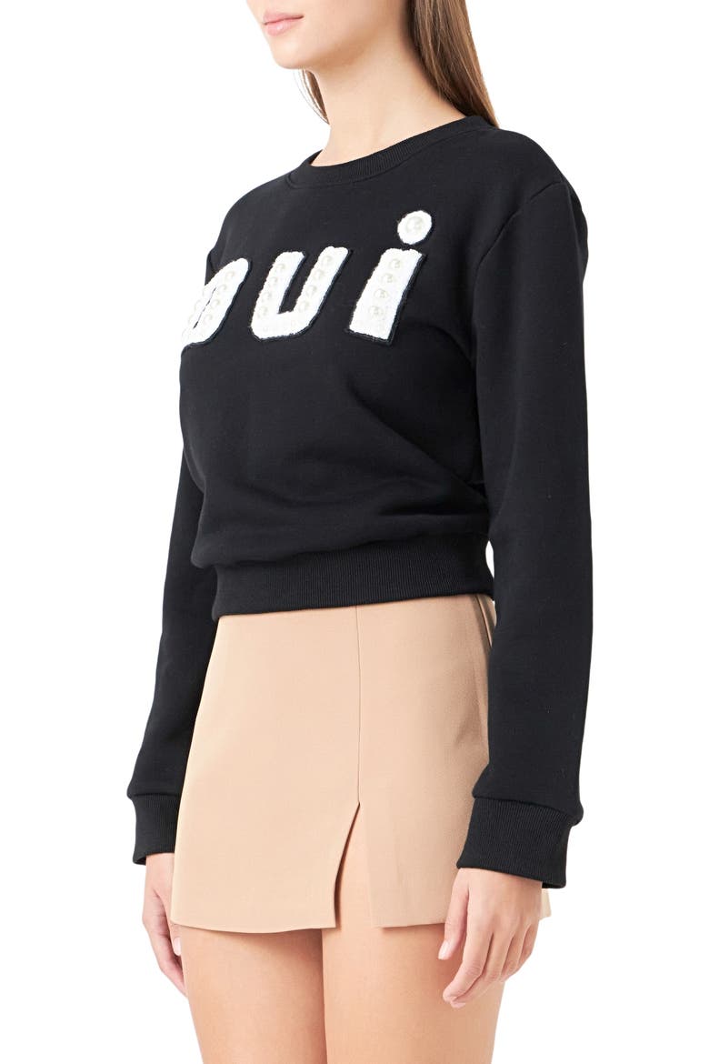 Oui Imitiation Pearl Embellished Cotton Sweatshirt, Alternate, color, BLACK