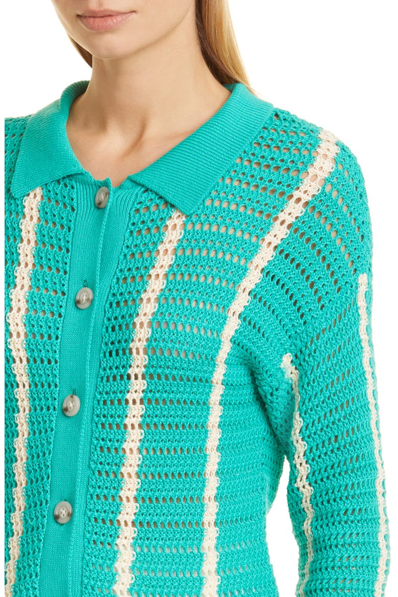Vertical Stripe Organic Cotton Crochet Cardigan, Alternate, color, PEACOCK GREEN/ BUTTERCREAM