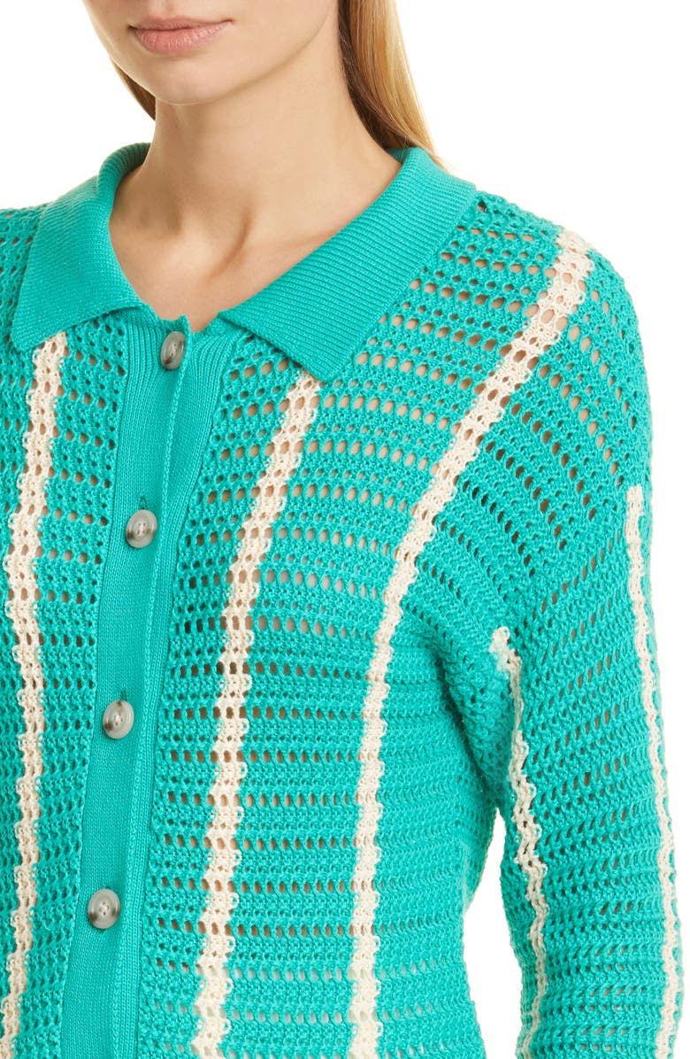 Monrow Vertical Stripe Organic Cotton Crochet Cardigan, Alternate, color, Peacock Green/ Buttercream