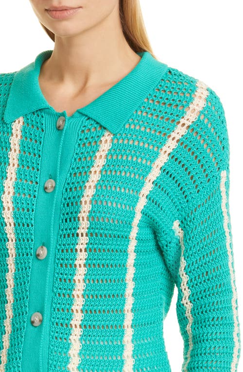 Monrow Vertical Stripe Organic Cotton Crochet Cardigan In Peacock Green/buttercream