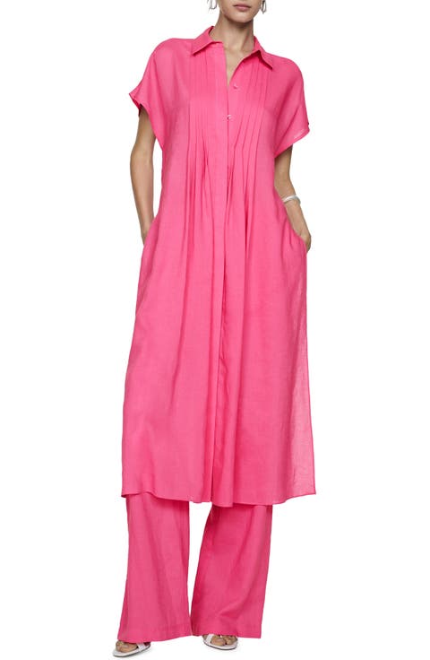 Pleated Side Slit Midi Shirtdress