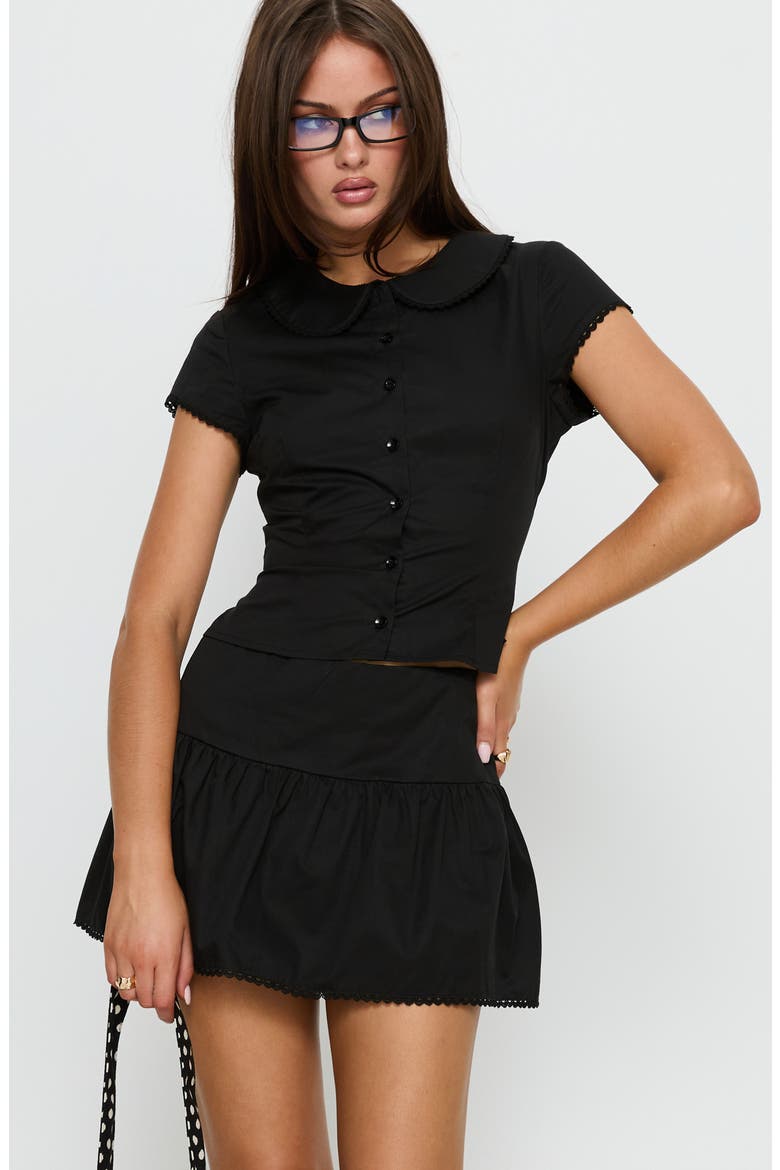 Sweet Treat Shirred Organic Cotton Button-Up Shirt & Miniskirt Set, Alternate, color, BLACK