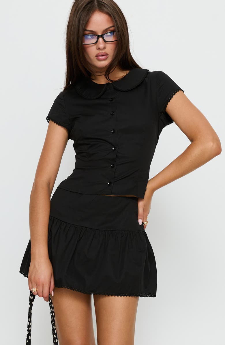 Princess Polly Sweet Treat Shirred Organic Cotton Button-Up Shirt & Miniskirt Set, Alternate, color, Black