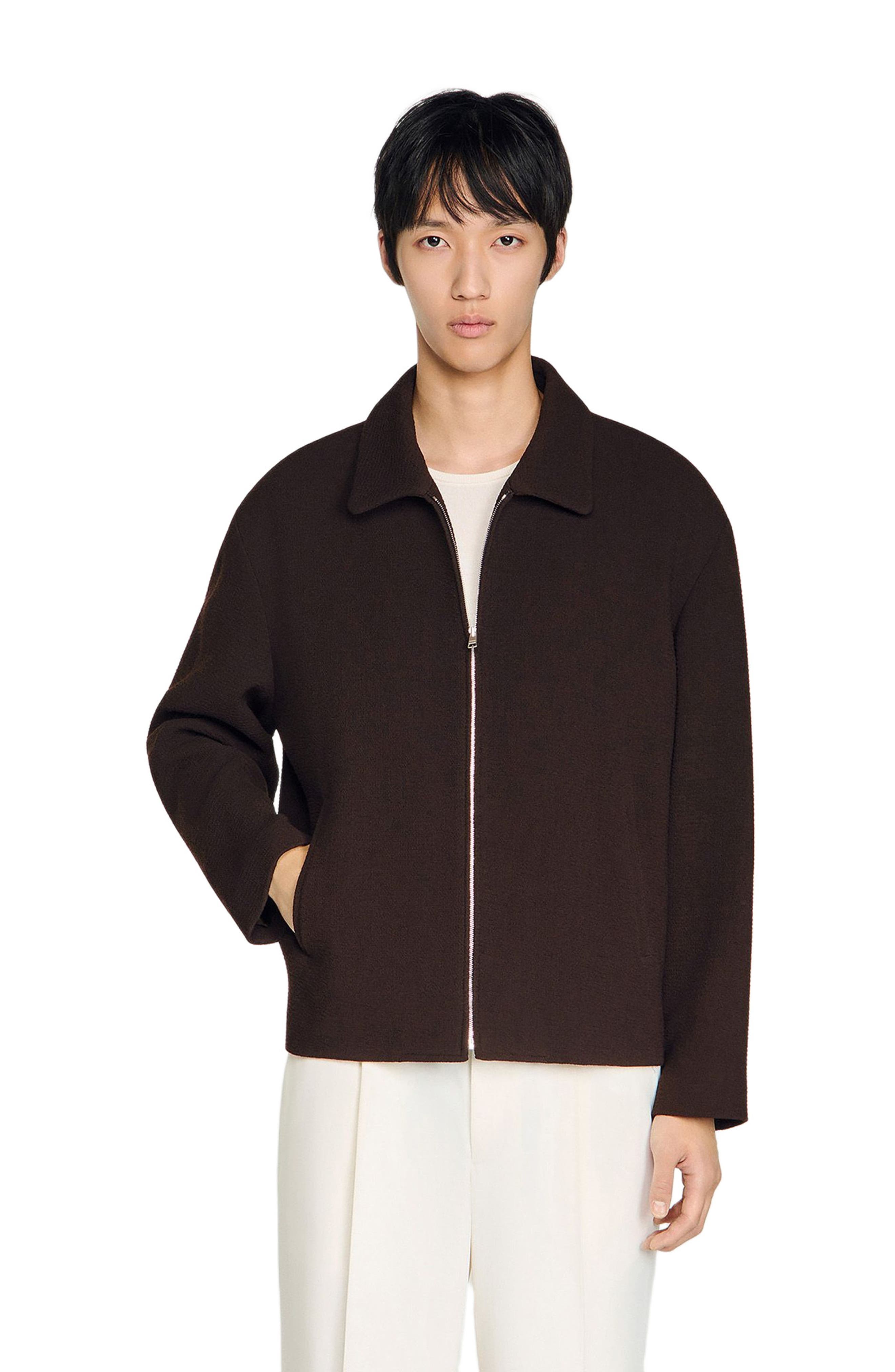 Waffled regular collar zip jacket