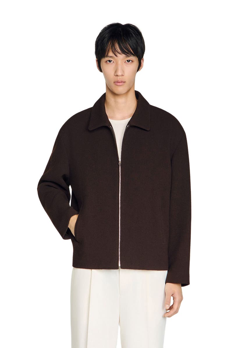 SANDRO Waffled regular collar zip jacket, Main, color, Chocolate