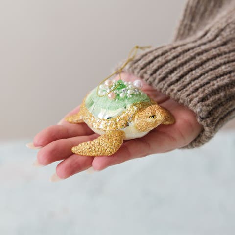 Artisan Glass Sea Turtle Ornament with Glitter and Beaded Mica Accents