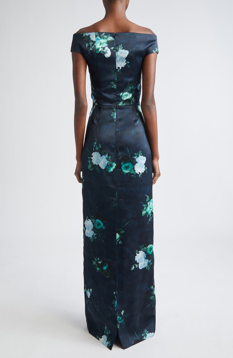 Erdem Floral Print Off The Shoulder Duchesse Satin Gown, Alternate, color, Abstract Rose Navy