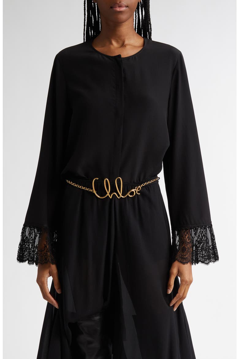 Lace Cuff Silk Crêpe de Chine Shirt, Main, color, BLACK